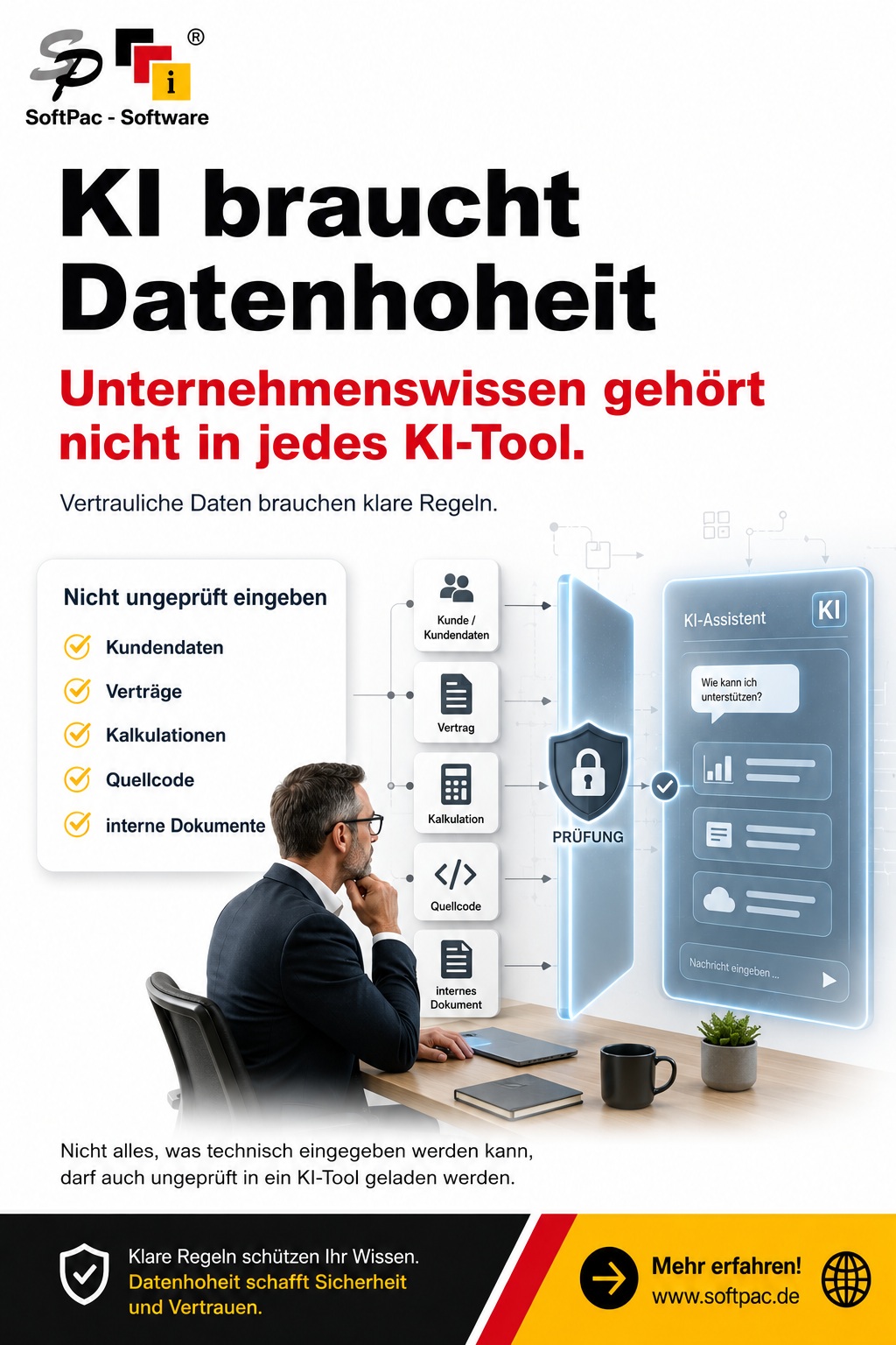 Pinterest-Grafik von SoftPac Business Services mit dem Titel &bdquo;KI braucht Datenhoheit&ldquo;. Die Grafik zeigt, dass vertrauliches Unternehmenswissen wie Kundendaten, Vertr&auml;ge, Kalkulationen, Quellcode und interne Dokumente nicht ungepr&uuml;ft in KI-Tools eingegeben werden sollte.