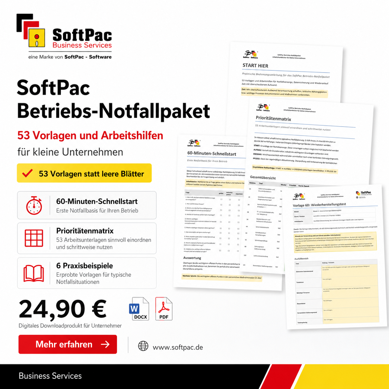 Affiliate-Werbemittel zum SoftPac Betriebs-Notfallpaket im Quadratformat