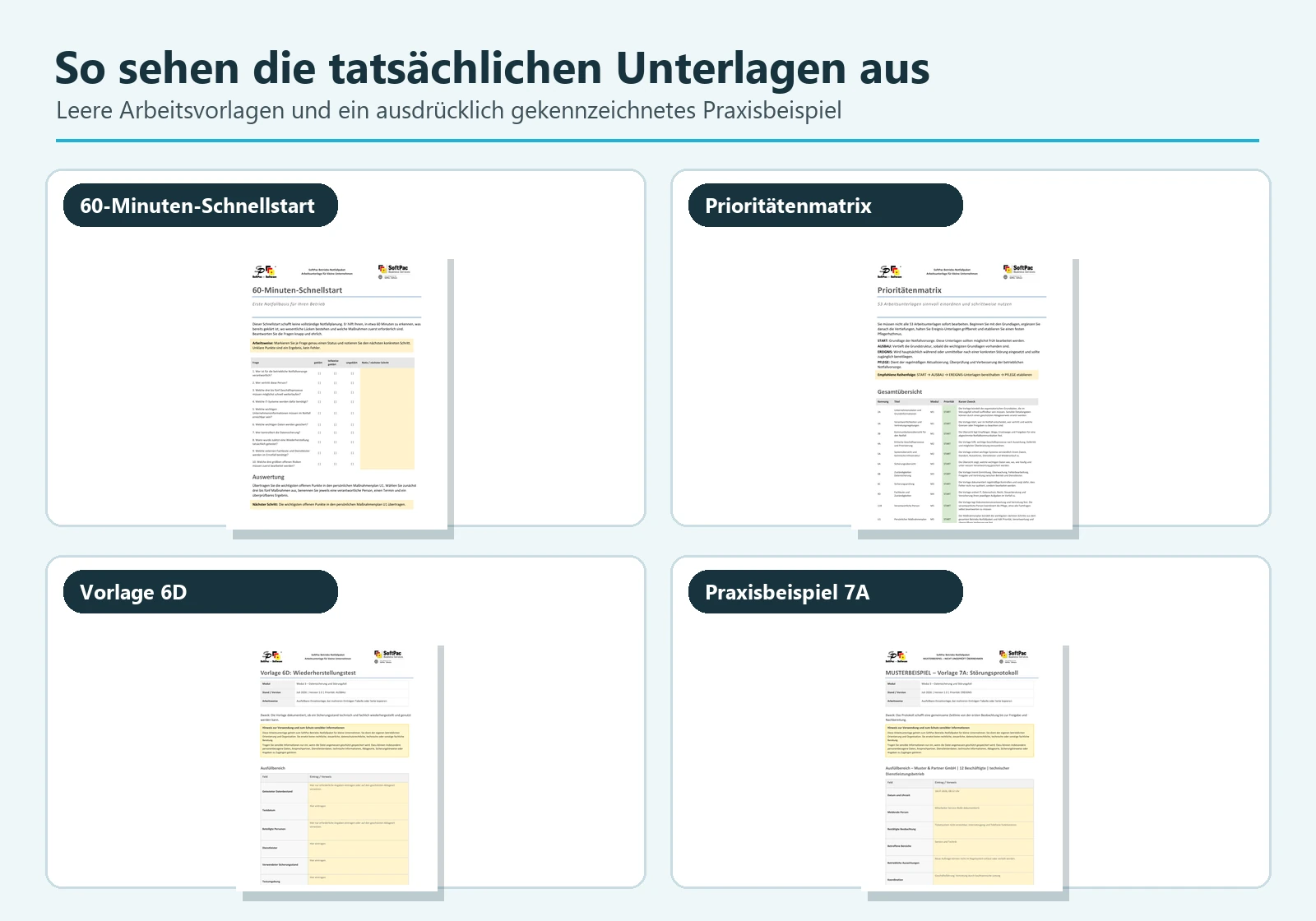 Freigegebene Vorschau tats&auml;chlicher Unterlagen des SoftPac Betriebs-Notfallpakets